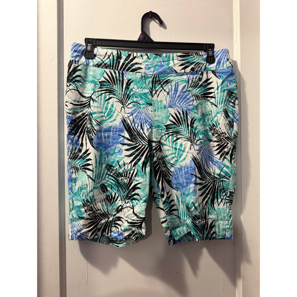N Touch Tropical Palm Leaf Print Pull On Bermuda Shorts Blue Teal Black Size 12
